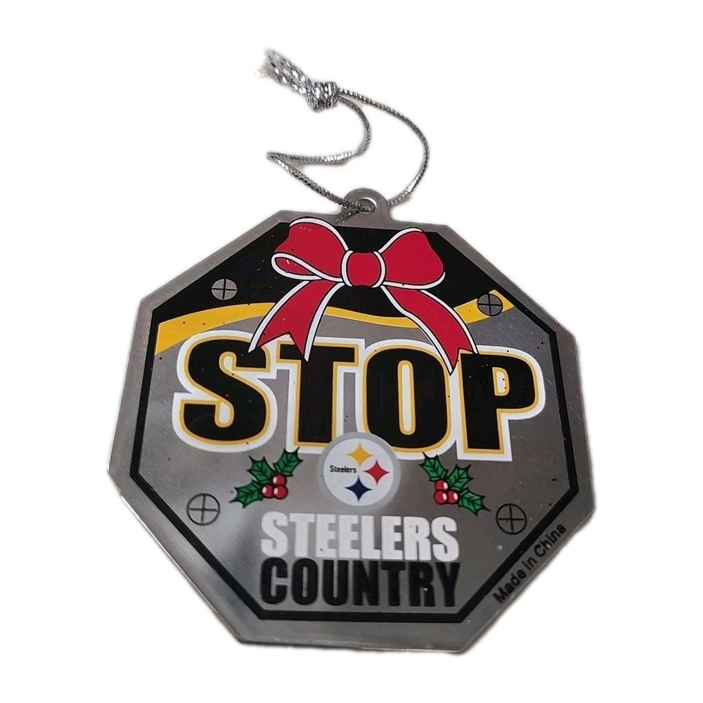 Pittsburgh Steelers‎ Metal Christmas Ornament Stop Sign Holly Berry Bow Football
